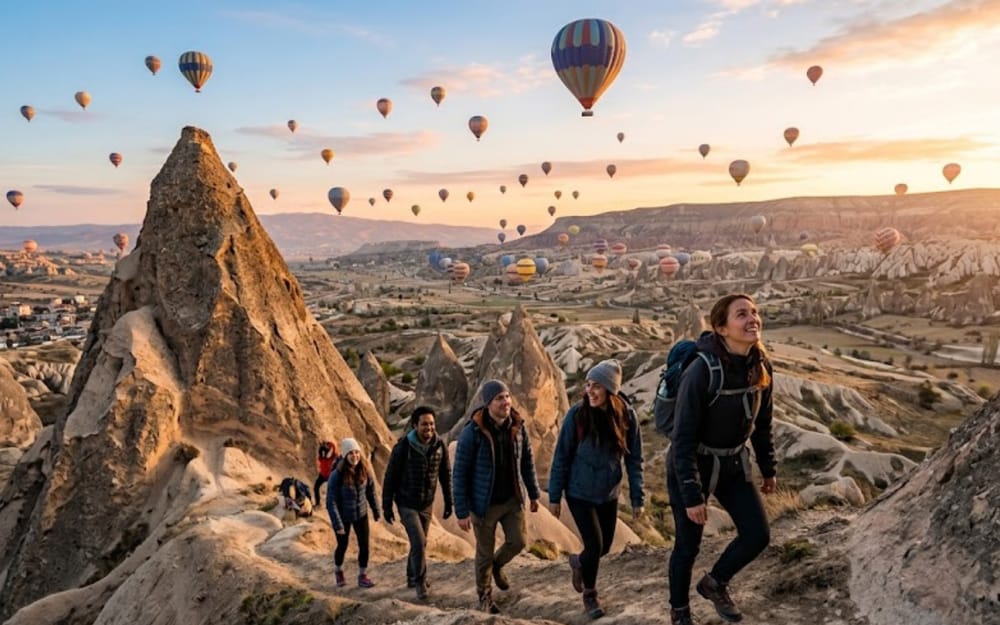 Travellers watching balloons from a Cappadocia valley viewpoint