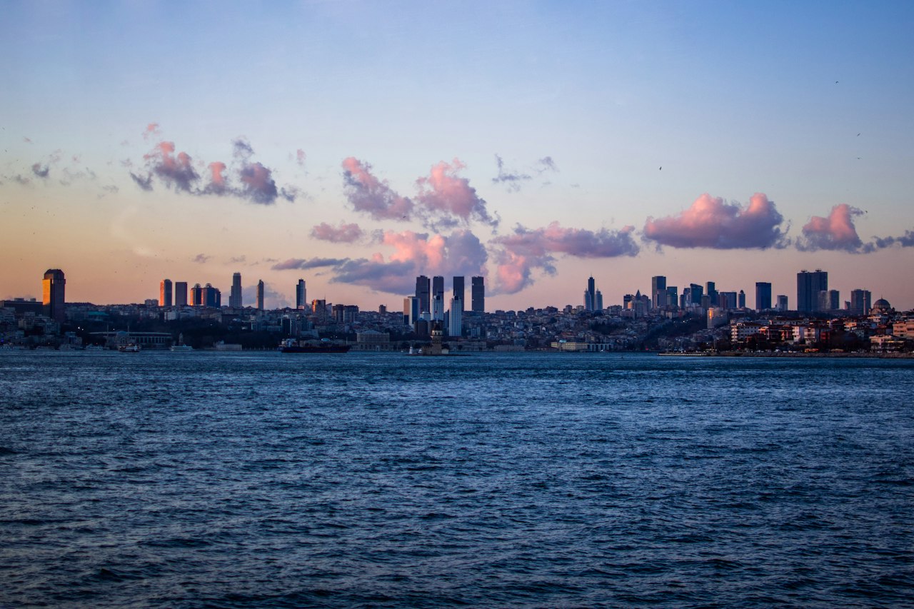 Istanbul’s waterfront skyline across the Bosphorus at dusk