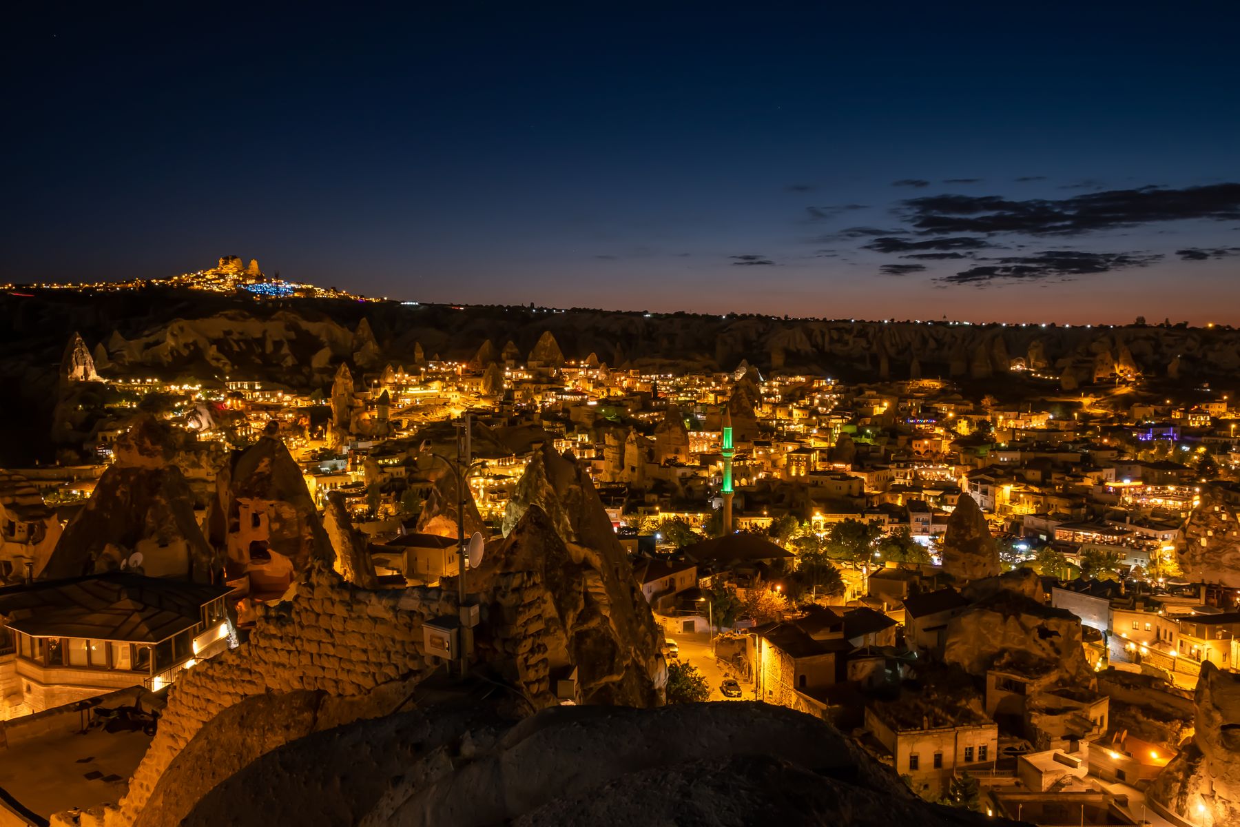 Göreme cave homes and town lights after dark